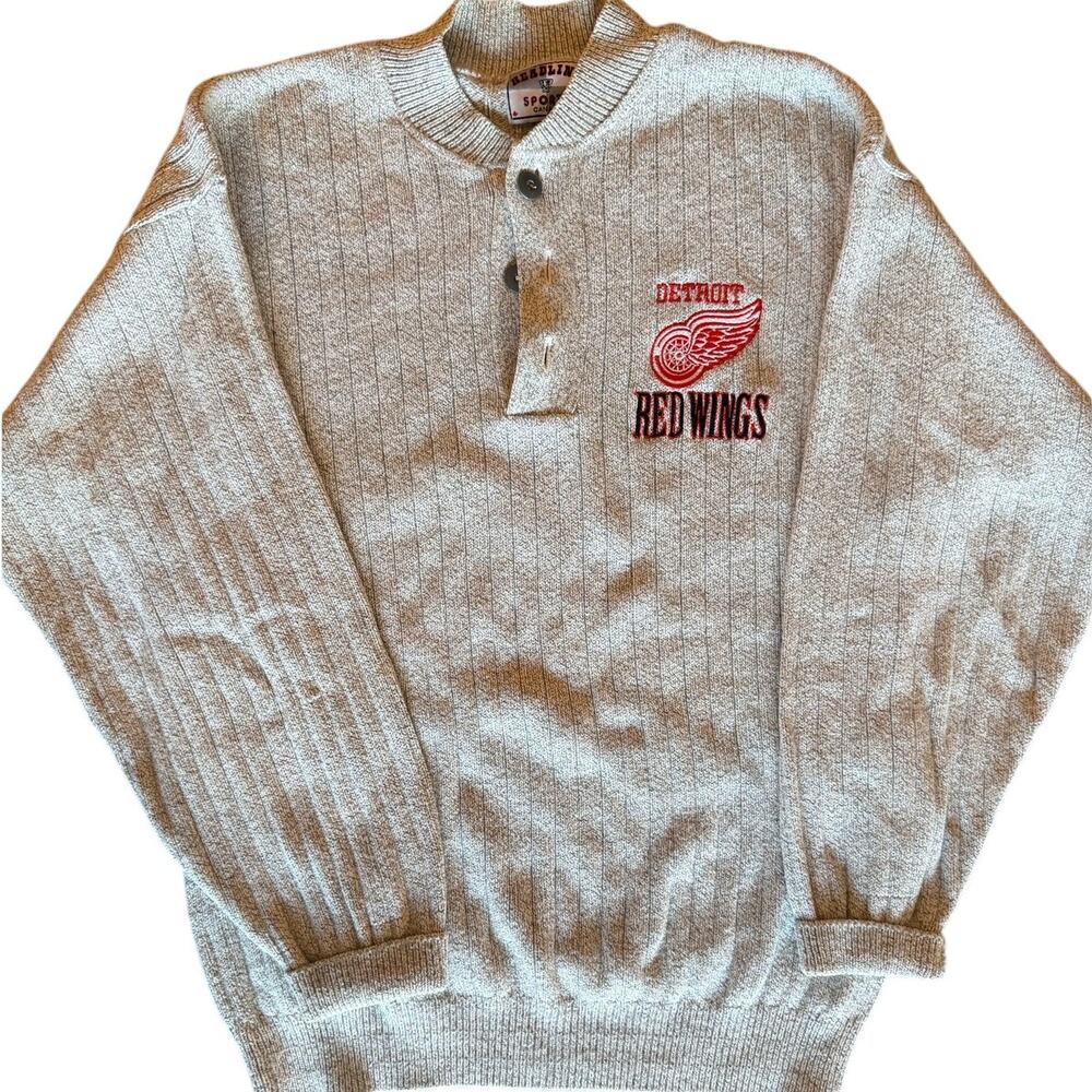 Vintage Detroit Red Wings Knit Henley Sweater NHL Headline Sports Cream M
